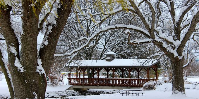 The covered footbridge crosses Allen Creek in the park.  It&#39;s a favorite place for pictures.