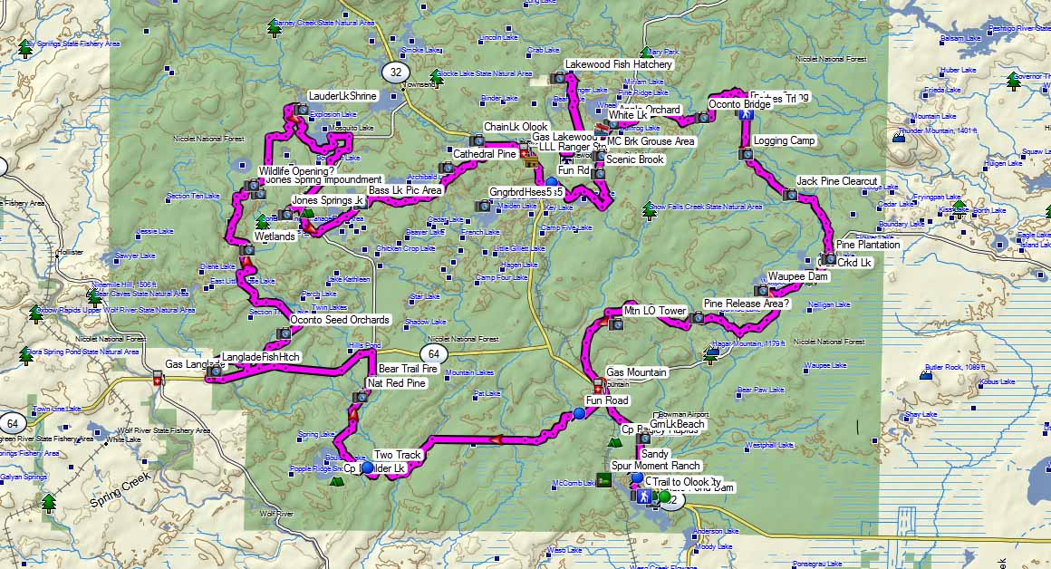 An overview of the 100 mile loop with points of interest way pointed in the file.